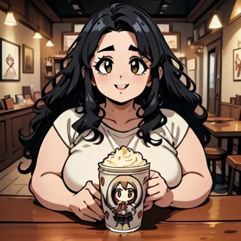 anime girl holding a cup of coffee in a cafe