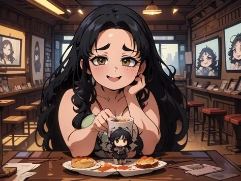 (masterpiece:1.4), high quality, high definition, sharp focus, detailed face, anime, best quality, 4k, 8k, absurd resolution, intricate detail, detailed hands, detailed eyes, animation, illustration, highly detailed, highres, extremely detailed, ETO_OCC, black hair, curly hair,longhair, thick eyebrows, (looking at viewer:1.4), (plump), (hazel eyes:1.3), smile, smug, ETO-OC, cup, ANCF, (photo_inset), reference_inset, indoors, (chibi_inset), pov, table, eating, drinking glass, applecheek, (acrylic stand figure_inset),  gasping, ecstasy, seductive smile