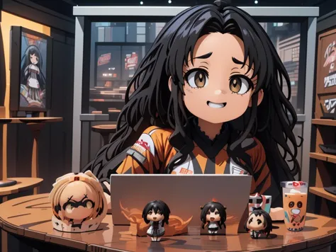 anime girl sitting at a table with a laptop and several figurines