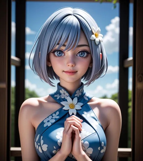 <lora:LCM_LoRA_Weights_SD15:0.7>, masterpiece, best quality,  a woman, medium hair,  hair, inverted bob, straight hair,  with a blue and white dress,   a photocopy, outdoors, flower, fountain,  blue sky, dappled sunlight, railing, glass door,   seductive smile, closed mouth, heart hands,