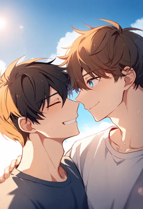 2boys, multiple boys, yaoi, looking at another, hand on another's shoulder, smile, short hair, black hair, closed eyes, brown ha...