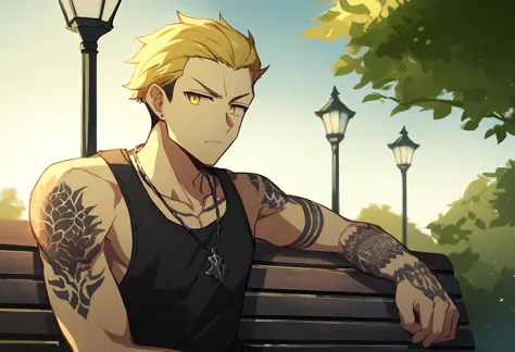 1boy, solo, male focus, black tank top, tank top, necklace, earrings, stud earrings, jewelry, tattoo, arm tattoo, staring, annoyed, pants, blonde hair, yellow eyes, short hair, hair slicked back, looking at viewer, sky, cloud, park, park bench, bench, sitting, on bench, sitting on bench, tree, lamppost, outdoors, best quality, amazing quality, best aesthetic, absurdres, year 2023