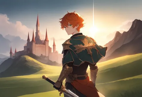 1boy, solo, male focus, weapon, holding weapon, holding sword, sword, gloves, armor, capelet, gauntlets, short hair, orange hair...