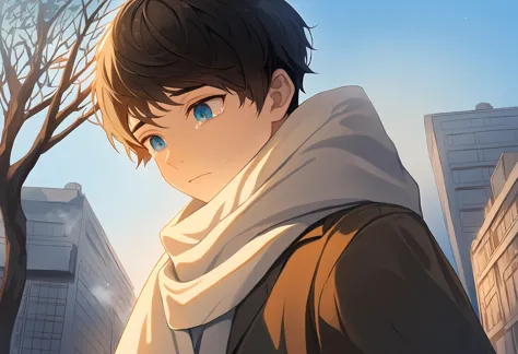 1boy, male focus, coat, scarf, outdoors, blue sky, tree, building, winter, solo, looking down, tears, black hair, blue eyes, sho...