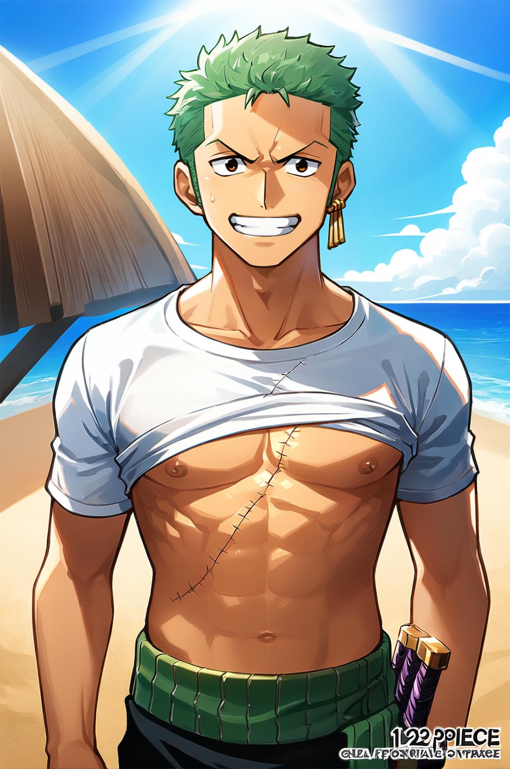 A man with green hair and a white shirt standing on a beach - SeaArt AI