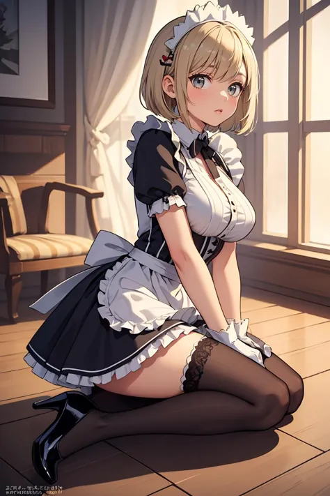 (masterpiece, best quality), 1girl, Ash Blonde Curly Bob with Side Part, Sizes M to Z breasts,   <lora:Maid_X23_By_Stable_yogi:0...
