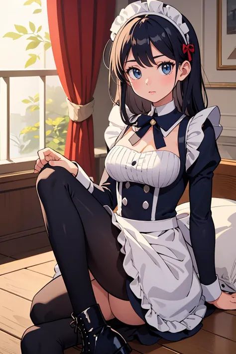 (masterpiece, best quality), 1girl,    Navy blue Long Layered Hair, Size H breasts,  <lora:Black_Maid_By_Stable_Yogi:0.8> maid d...