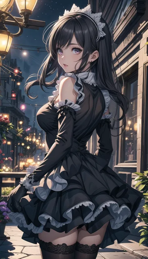 cinematic, 
professional art of a cute girl, girl stay in the rich room, 
maid headdress, maid outfit, black gloves, black thighhighs, high heels, 
long skirt, long hair, amethyst eyes, 
