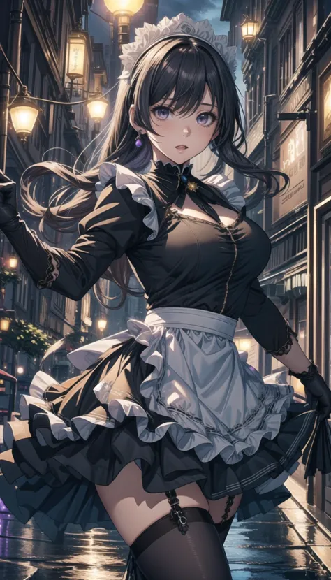 cinematic, 
professional art of a cute girl, girl stay in the rich room, 
maid headdress, maid outfit, black gloves, black thighhighs, high heels, 
long skirt, long hair, amethyst eyes, 
