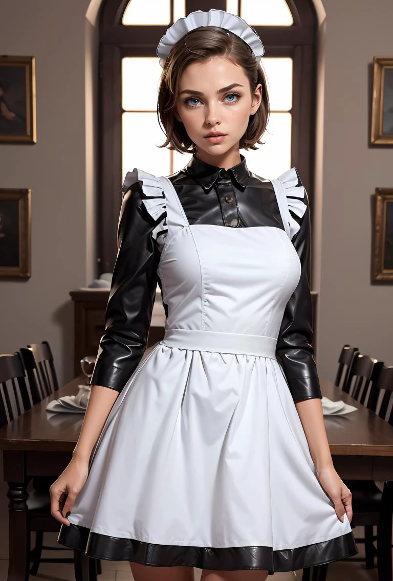(masterpiece, best quality), 1girl,  Alabaster Tousled Top with Taper Fade, medium breasts,   leather maid dress