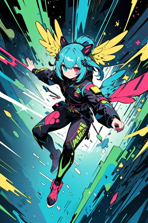 a cartoon image of a girl with blue hair and wings flying through the air