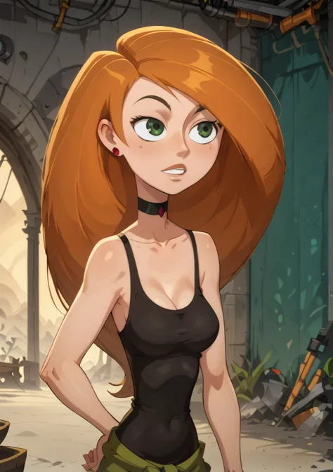 <lora:Kim_Possible:1> Kim Possible, long hair, orange hair, green eyes, choker, medium breasts, slim waist,  <lora:Wakfu_Cartoon...