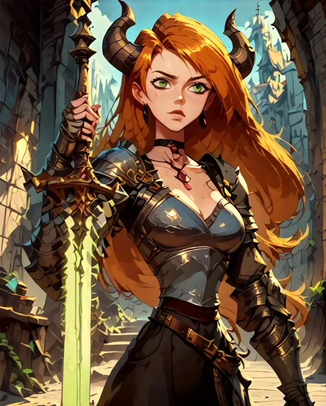 Kim Possible, long hair, orange hair, green eyes, choker, medium breasts, slim waist,  breasts, collarbone, medium breasts,  content rating, safe, ,  hkstyle, score_9, score_8_up, score_7_up, score_6_up, score_5_up, score_4_up, (beautiful demon woman, horns, wearing armor, holding pink glowing sword:1.2), dungeon in background, concept art, digital art, realistic, 