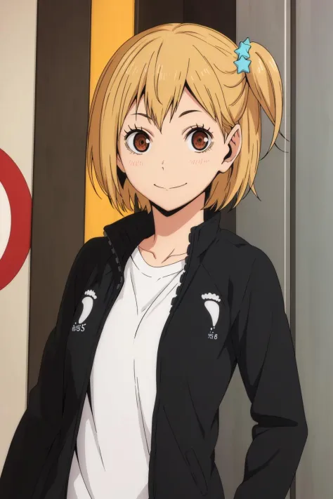 (masterpiece, best quality, high quality, highres, ultra-detailed), <lora:Hitoka_Yachi-10:1.0>,
hitoka yachi, black-uniform, 1girl, solo, short hair, blonde hair, shirt, hair ornament, brown eyes, jacket, side ponytail, one side up, star hair ornament, light smile, looking at viewer, closed mouth,