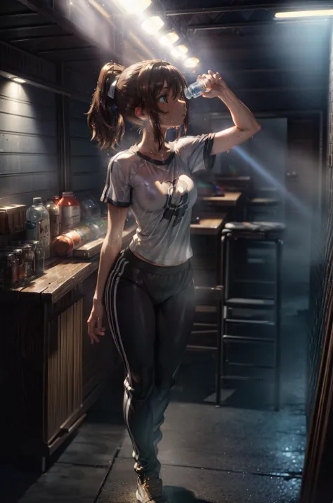 cinematic lighting, (volumetric lighting, Highres), (Detailed Illustration), Ultra-Detailed, 8k, lights and shadows, nsfw, (detailed background, complex background:1.2), perfect anatomy, 1girl, solo, Chugging, water bottle, brown hair, ponytail, sweat, t-s...