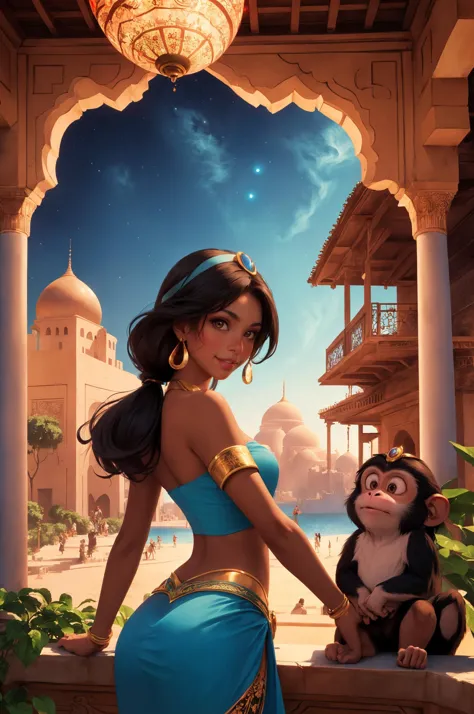 jazmín, mujer de piel oscura, Piel pálida, cabello atado varias veces, cielo nocturno, pelo largo, bandeau azul, Princess Jasmine and mono on the balcony of her palace, Abu, mono, capuchin, mono cawing, mono in red vest, mono in headdress, rodeado de exuberantes jardines y arquitectura árabe, (Agrabah:1.1), arquitectura árabe, estilo disney, iluminación mágica, atmósfera encantadora, Obras de arte digitales, resolución: 4k, vista cinemática, perspectiva escénica, (mejor calidad:1.2), (obra maestra:1.3), (Alta resolución:1.3), 