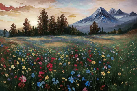 Psychedelic style a field of wildflowers and other flowers in front of a mountain, 8k award-winning painting, in a dreamlike setting, in tall, long wildflower field, painted in impressionist style, brushstroke painting technique, palette knife painting, an expressive oil painting, [(colorful explosion psychedelic paint colors:1.2):0.25], Leonid Afremov . Vibrant colors, swirling patterns, abstract forms, surreal, trippy