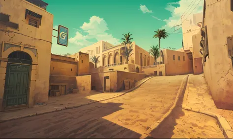 City, street, arabic, sunny, palm tree, sign, door, box, windows, sky,  dry, run down, Dust II,     <lora:howllatentDADAP4:0.8>