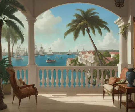 1800s, colonial, Carribean, tropical, governor's mansion, interior, balcony, overlooking the town, port, ships, day time, palm trees, HD, 4k, painting,