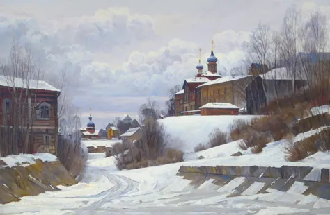 1700s, Russian village, snow, winter, painting, cloudy, depressing, grim, dark, masterpiece,  HD, 4k, 8k, high quality, best quality,  <lora:Zaxarovob128st3:0.8> zaxarovob