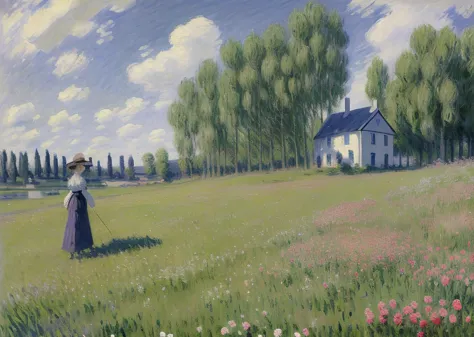 painting of a woman in a field with a house in the background