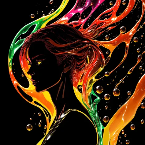 a fine color ink lineart sketching of a woman (silhouette) with a glowing glossy outlines vivid-color shiny-reflective (splash), large translucent droplets made of gleamy vibrant liquid metal, flashy, colorful, best quality, elegant, sharp clear art,
black background, 4k resolution, minimalistic