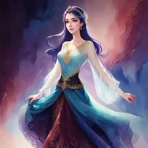 ( style of Glen Keane :1.2), attractive,graceful ( goddess ) wearing lace  long blouse and skirt ,,
watercolor painting, (best quality), intricate, detailed