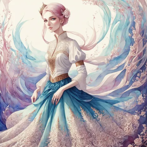 ( (style of Anna Dittmann:0.35) ,style of James Jean :1.2), captivating,irresistible (princess) wearing cotton  long blouse and skirt ,,  
( watercolor painting :1.005), (best quality), intricate, detailed