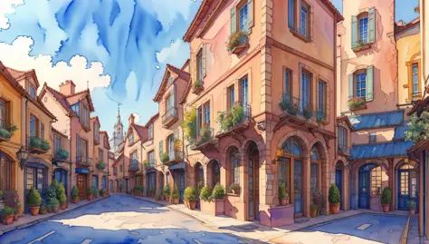 spectacular,stunning view (architectural watercolor sketch)  of a 
town  , 
( style of Simone Ridyard),
 <lora:theovercomer8sContrastFix_sd15:0.7>