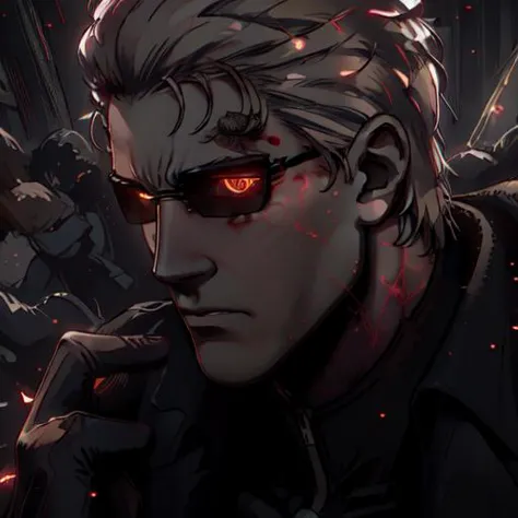 (Albert Wesker:1.4), upper body, highly detailed, highres, extremely detailed, detailed background, perfect eyes, perfect face, high quality, detailed face, anime, best quality, masterpiece, 4k, 8k, absurd resolution, cinematic lights, intricate detail, detailed hands, detailed eyes, animation, illustration, back combed hair, (blonde hair:1.4), combed back, hair back, short hair, comb back hair, (1man), back comb haircut, mature male, looking at viewer, shades, sunglasses, 1boy, black shirt, black trench coat, high definition, sharp focus, <lora:neg4all_bdsqlsz_V3.5:1>, OverallDetail, deep shadow, dimly lit, shade, animification, <lora:dreamlookai_lora_db_bb89d853_ckp_9966b693_step_3000_Wesker:0.7> wesker, <lora:Hiroyuki Kitazume:0.4>, edgQuality, Illust-InstaFilter, <lora:beard_slider_v10:-3>, <lora:gender_slider_v1:-4>, Best_QualityPos, Earth-QualityPos, BodyPositive, prettify, hotify, slick back hair, <lora:AlbertWeskerRE:0.5> AlbertWeskerRE, <lora:neg_bdsqlsz_V2:1>, pureerosface_v1, <lora:hyperdenoiser_v090:0.6>, <lora:hyperrefiner_v090:0.6><lora:REAlbertWesker:1> REAlbertWesker, <lora:glowingveins-nvwls-v1:1> glowingveins, red theme, glowing veins, electricity, Sitting with one hand touching the chin, looking pensive, (full body),