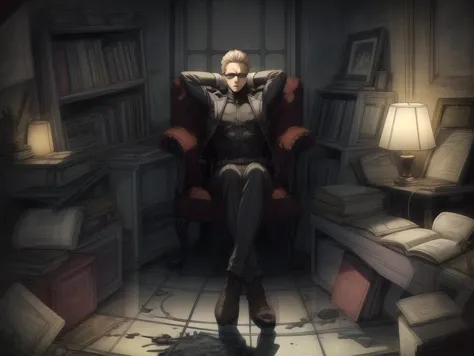 anime - style image of a man sitting in a chair in a room