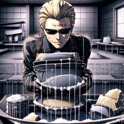 anime character with a bowl of food in a cage