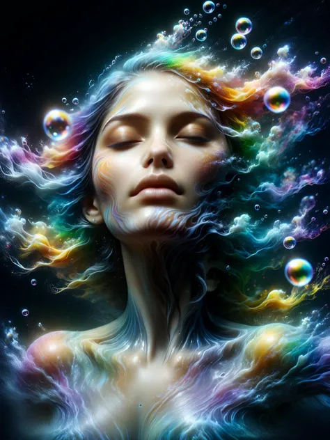 woman underwater ral-dissolve into rainbow colored swirling streaks of paint, bubbles<lora:ral-cnvctncrnts:0.6> ral-cnvctncrnts ...