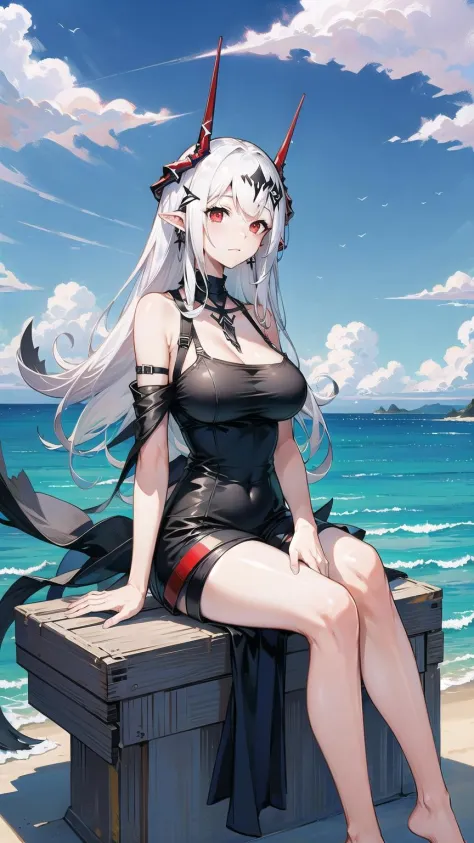 1girl, woman, mudrock (arknights), red eyes, solo, long hair, horns, black dress, short dress, shorts, white shorts, hair ornament, pointy ears, breasts, white hair, oripathy lesion (arknights), infection monitor (arknights), bangs, breast, full body, (sit...