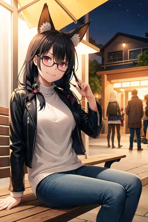 1girl, solo, sidelocks, twinbraids, (black hair), red eyes, smug, smirk, glasses, sitting, bench, partk, at night, long hair, wh...