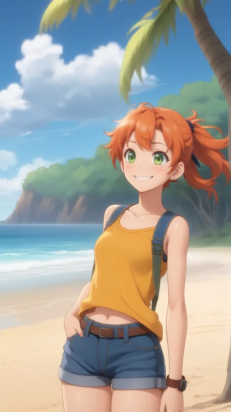 outdoors,ocean,beach,tree,clouds,shore,masterpiece,anime screenshot,1girl,solo,(<lora:Misty>),misty,green eyes,orange hair,side ...