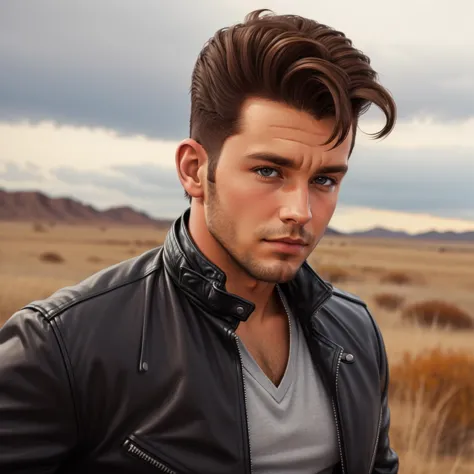 arafed man in a leather jacket standing in a field