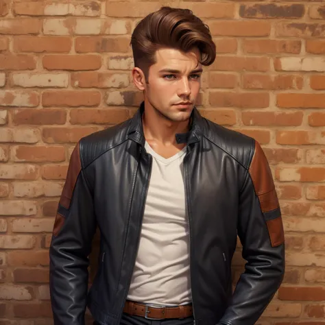 arafed man in a leather jacket standing against a brick wall