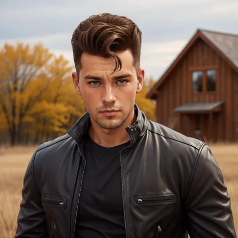 arafed man in a black leather jacket standing in a field