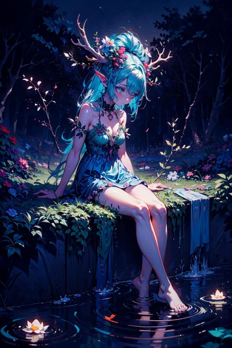 (masterpiece, top quality, best quality, beautiful and aesthetic:1.3), (1girl:1.3), (fractal art:1.3), original, extreme detailed, colorful, enchanted forest, nature, trees, (dryad:1.4), antlers, pointy ears, flowers, active pose, full body, flower hair, bright color hair, glowing hair, divine, goddess, barefoot, doll face, upturned eyes, long eyelashes, animals, birds, sitting, (nude:0.5), looking away, ((glowing water)), middle of a lake, flower bed, (night),  <lora:add_detail:0.7>  <lora:butterfly:0.4>