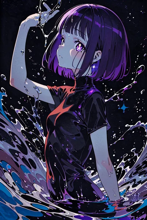 (flat color:1.3), colorful, color splash, water, splashing,, (masterpiece, top quality, best quality, beautiful and aesthetic:1.2), (1girl:1.3), original, high resolution, surreal,, arm at side, neutral expression, from side, purple hair, very short hair, blunt bangs, purple eyes, pale skin, small breasts, pupils sparkling,