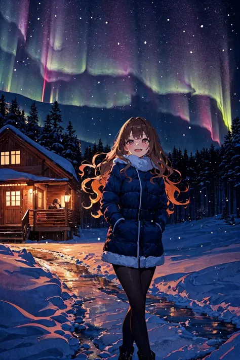 snow, cabin, lake, winter clothes, scenery, scene reference, night, aurora lights,, (masterpiece, top quality, best quality, beautiful and aesthetic:1.2), (1girl:1.3), original, high resolution, surreal,, the pose, wavy mouth, closed mouth, panorama, gradient hair, long hair, bob, brown eyes, young, medium breasts, :D,