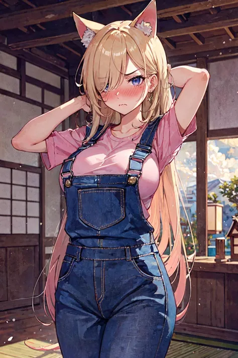 (masterpiece, top quality, best quality, beautiful and aesthetic:1.2), (1girl:1.3), abstract background, original, high resolution, surreal,, blond hair, long hair, hair over one eye, two-tone eyes, mature female, milf, overalls, pink shirt, large breasts, angry, animal ears, wide angle, wide shot, cowboy shot, town, japanese architecture, indoors, light, arm up, embarrassed, nose blush