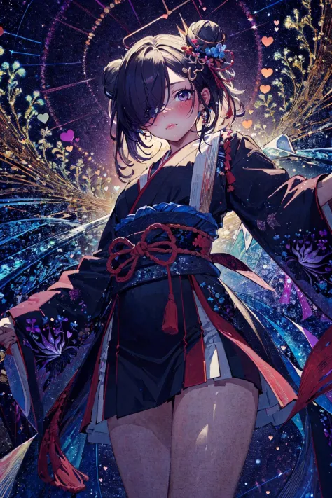 (masterpiece, top quality, best quality, official art, beautiful and aesthetic:1.2), (1girl:1.3), (fractal art:1.3), high resolution, petite, extremely detailed, detailed background, abstract background, multicolored background, cinematic lighting, illustration, solo, active pose, kareido (kaleidoscope), (japanese theme:1), divinity, light rays, hair ornament, geometry, thigh straddling, hair over one eye, chonmage, spiked hair, heart hair bun, from below,