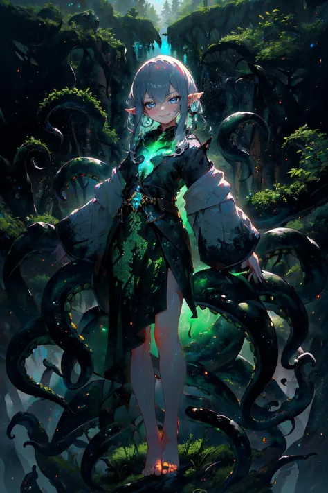 (best quality, masterpiece), (extremely detailed:1.3), original, (1girl:1.4), HDR, <lora:Cthulhu:0.7> active pose, elf girl, pointy ears, tentacles, smug face, full body, forest, (glowing biome:1.3), will-o'-the-wisp \(mythology\), light clothings, barefoot,