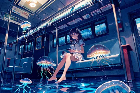 (best quality, masterpiece), (extremely detailed:1.3), (1girl:1.4), HDR, train, (jellyfish:1.2), bubbles, sitting, full body, colorful, flying fish, in the middle of the train cart, water, centered,