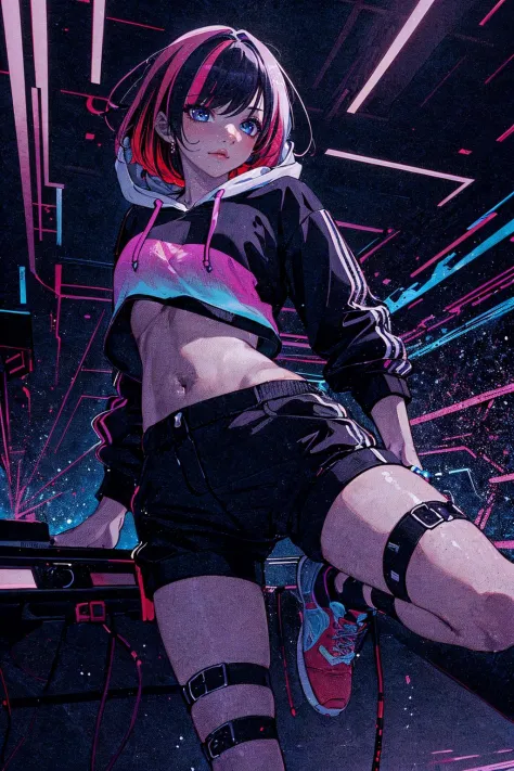 (best quality, masterpiece), (extremely detailed:1.3), (1girl:1.4), HDR, multicolored hair, hoodie, midriff, synth wave, spot color, colored spectrum, active pose,