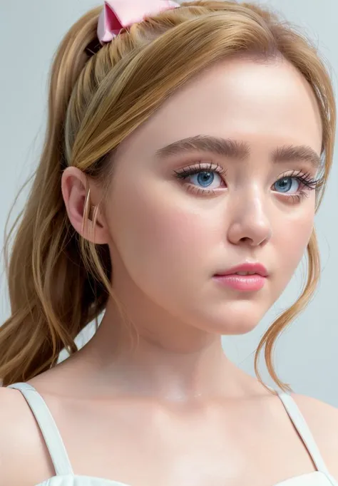 a close up of a woman with a pink bow in her hair