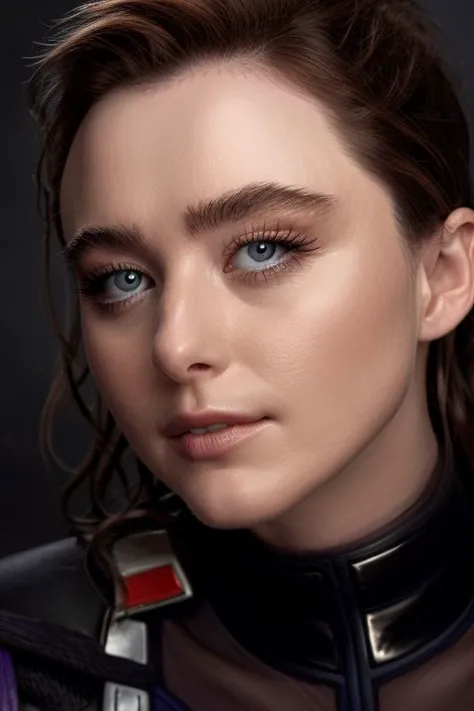 kathrynnewton, (face closeup:1.0) portrait of young woman, grey background, (tilted pose shot:1.0), oiled shiny skin, (slick hair:1.0)
 <lora:kathryn_newton_lycor_01:1>