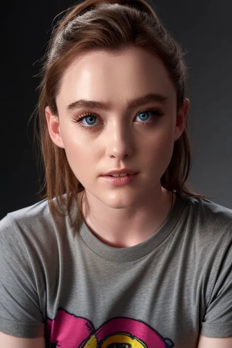 a close up of a woman with a gray shirt and a pink shirt